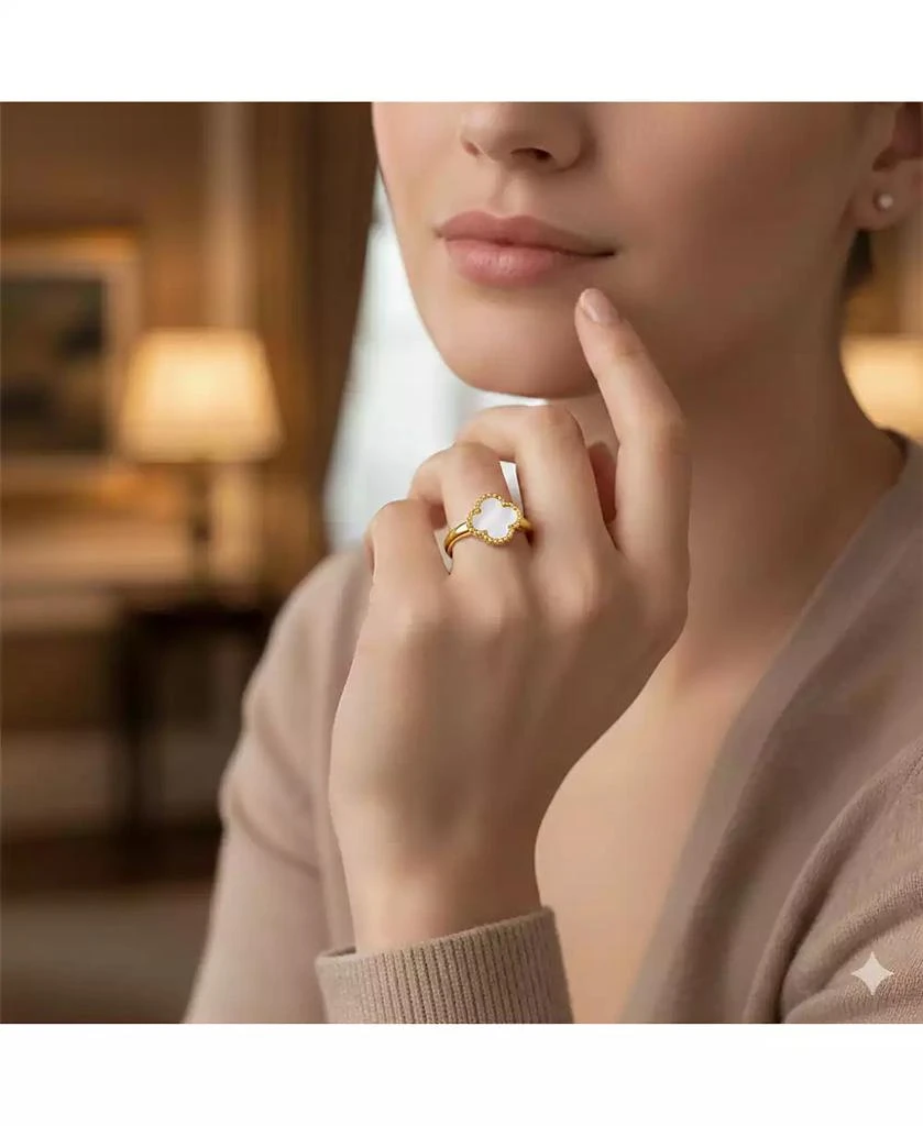 Simona Sterling Silver, Mother of Pearl Clover, Beaded Outline Ring - Gold Plated 4