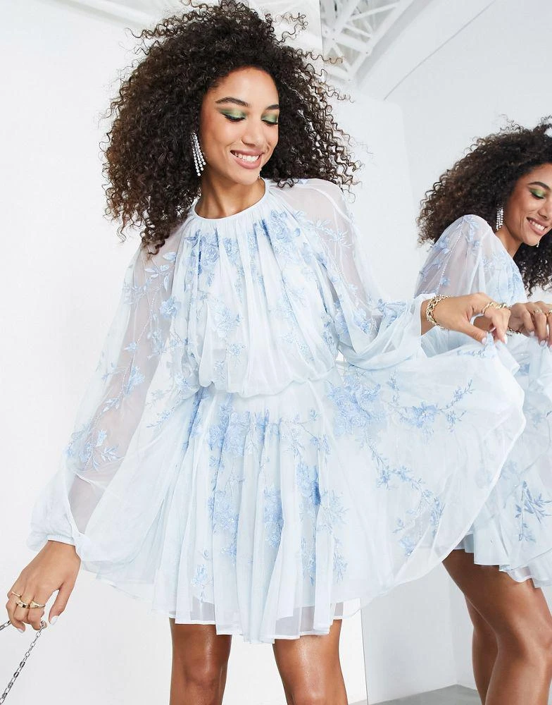 ASOS ASOS EDITION floral embroidered mesh mini dress with blouson sleeve in pale blue 1