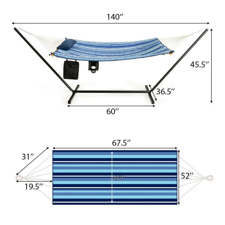 Hivvago Hammock Chair Stand Set Cotton Swing with Pillow Cup Holder Indoor Outdoor 4