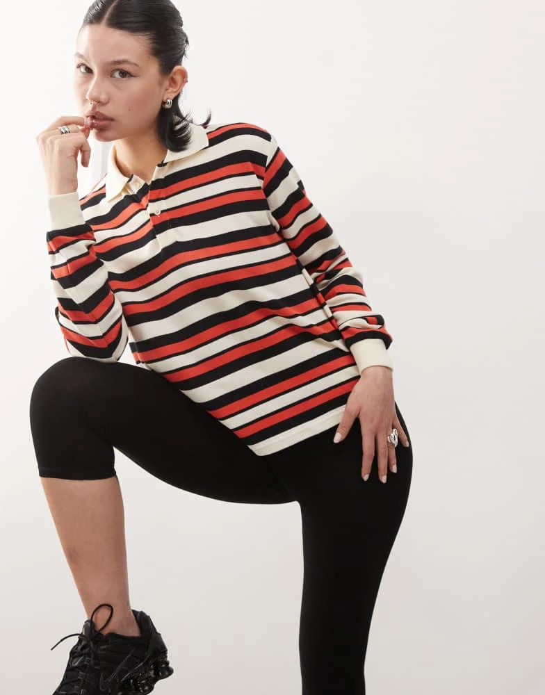 Lioness Lioness long sleeve collared rugby polo top in red stripe 1