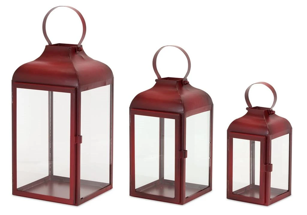 Melrose International Modern Red Metal Lantern (Set of 3) - Red, Clear