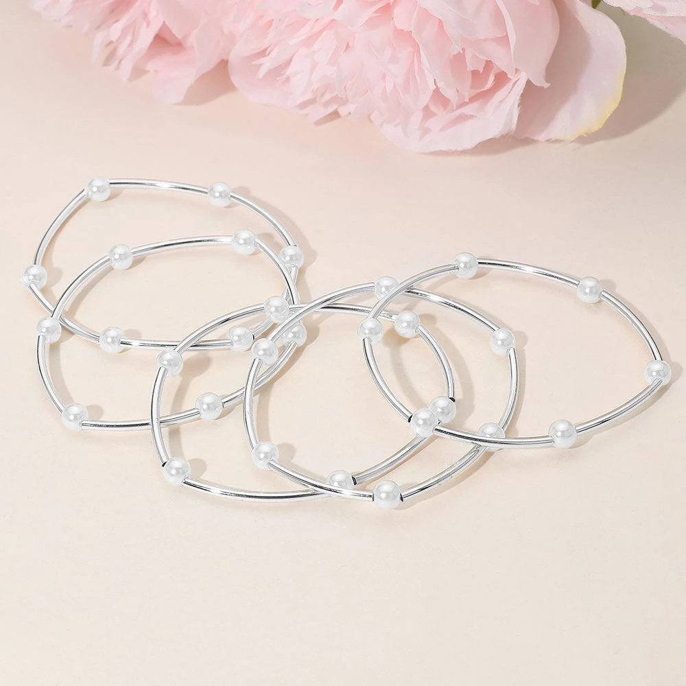 FASHNZFAB 5PCS - Pearl Metal Bar Beaded Stretch Multi Layered Bracelets 3