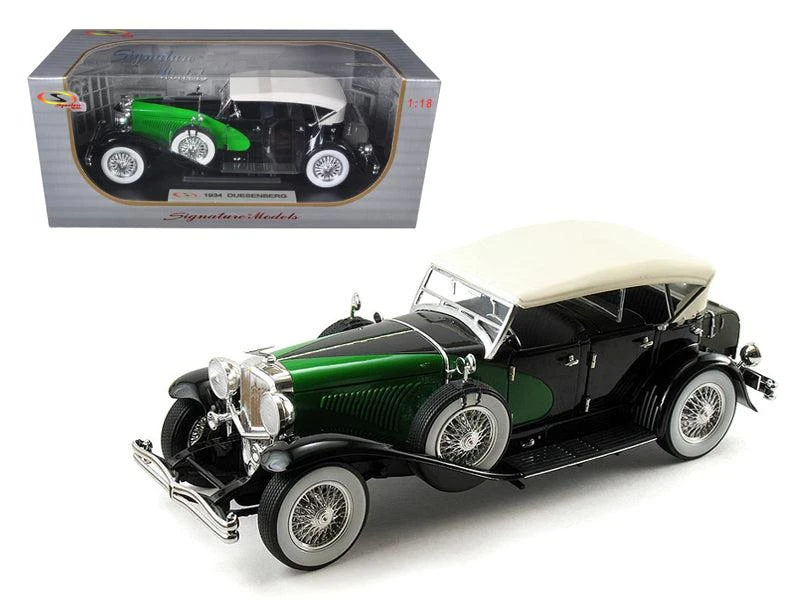Signature Models 1934 Duesenberg Model J Black and Green with Cream Top 1/18 Diecast Model Car by 1