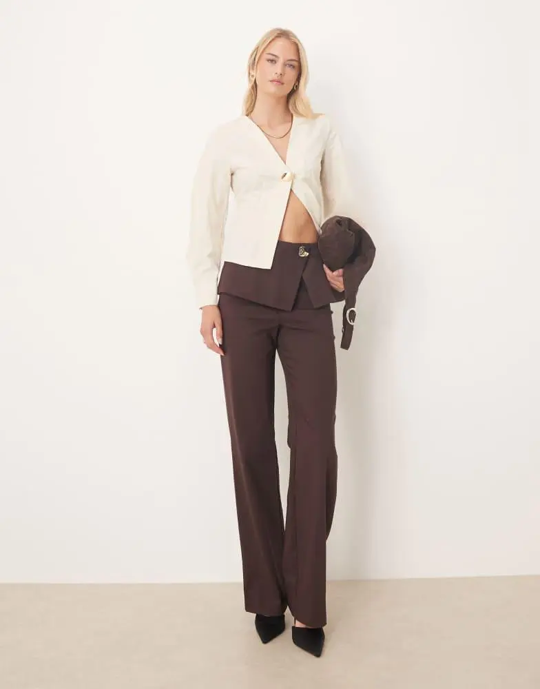 ASOS ASOS DESIGN Tall tailored fold over gold button straight leg trousers in mulberry