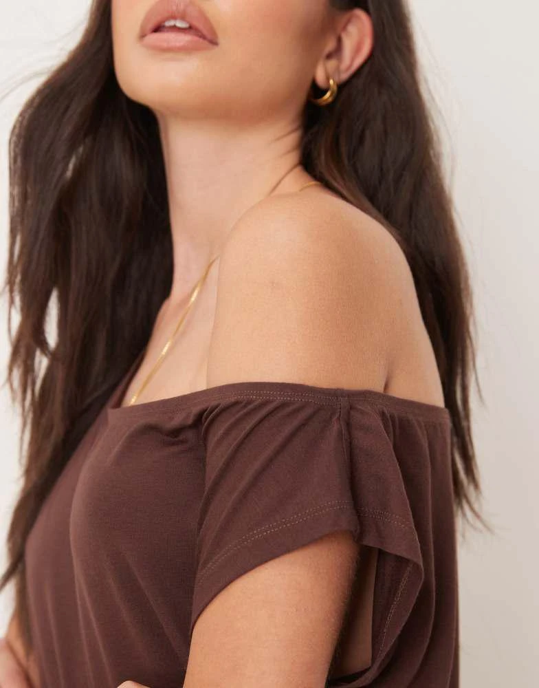 ASOS ASOS DESIGN off shoulder short sleeve slouchy mini dress in brown 2