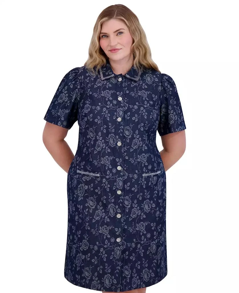 Eliza J Plus Size Embellished Floral Denim Shirtdress 4