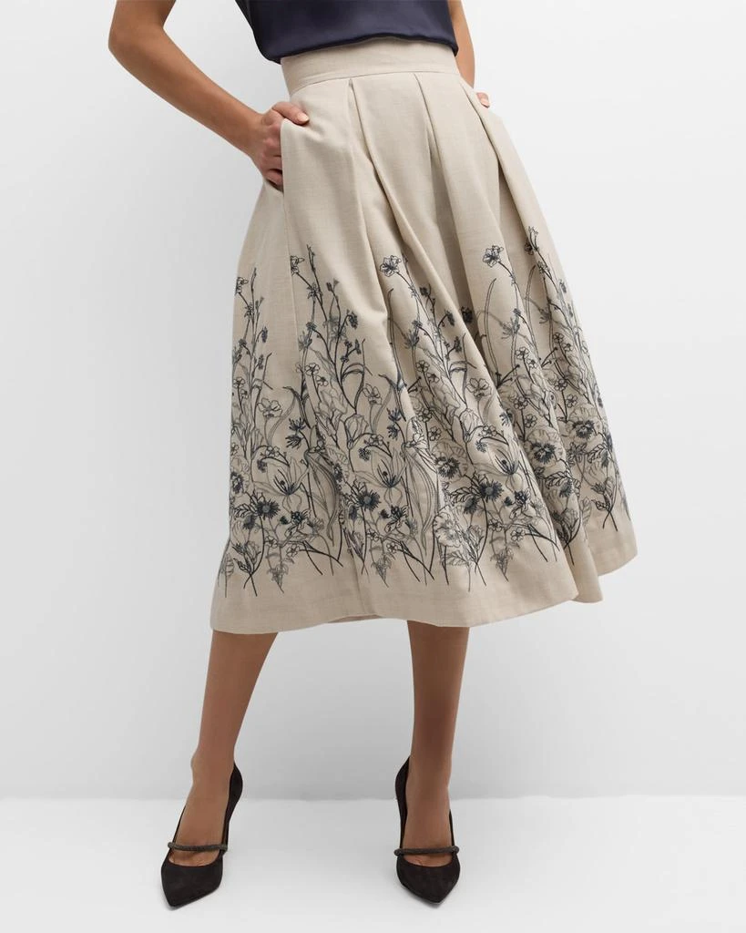 Eleventy Pleated Floral-Embroidered Midi Skirt 7