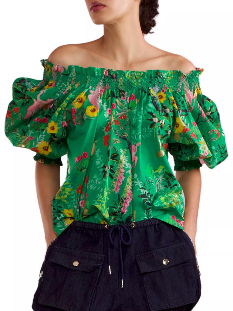 Cynthia Rowley Off-The-Shoulder Smocked Cotton Blouse