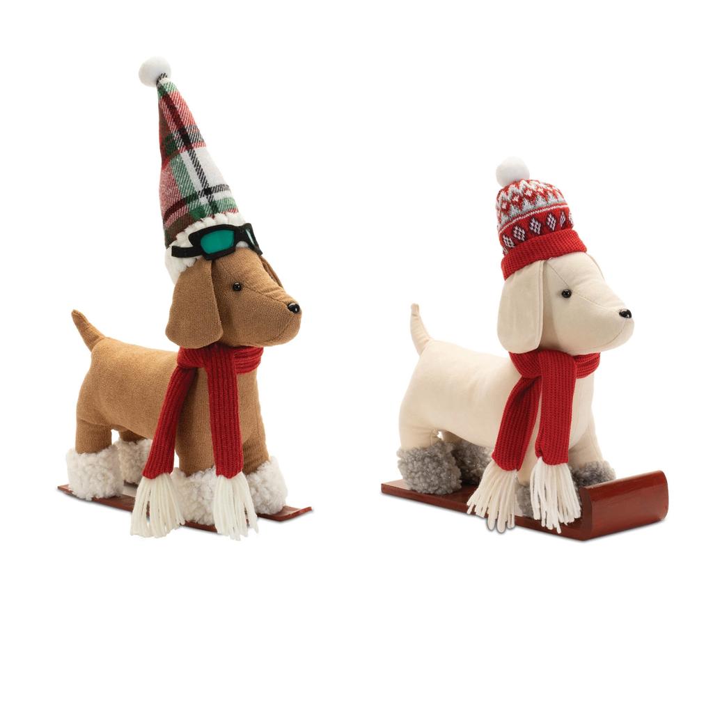 Melrose International Plush Dog Character on Sled and Skis (Set of 2) - Red, White, Green