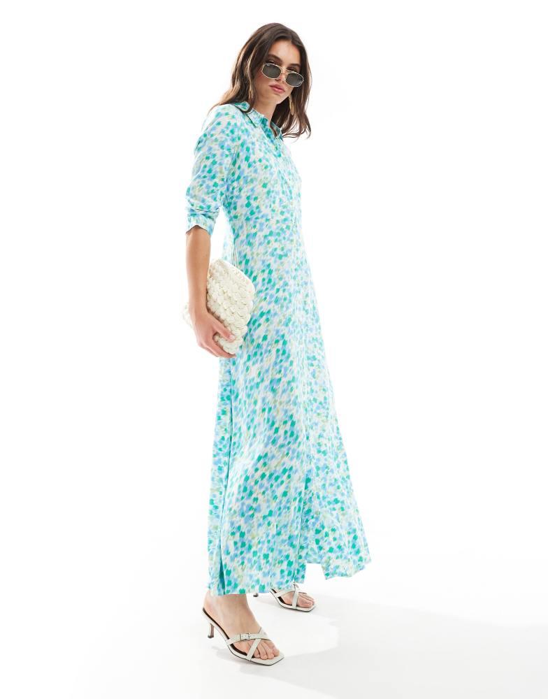 Y.A.S. YAS maxi shirt dress in green fuzzy flower print - LGREEN