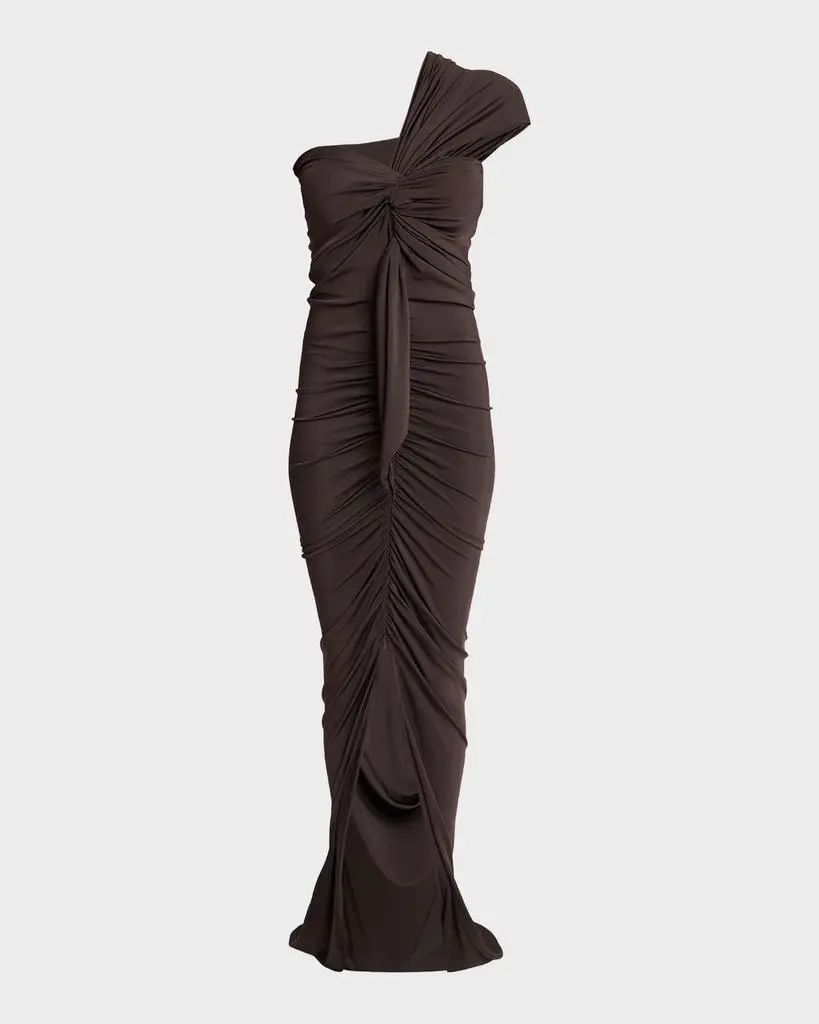 Balmain One-Shoulder Twisted Jersey Slit Gown