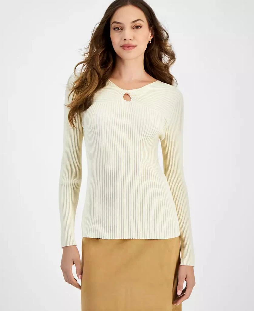 Tahari Women's Twisted Keyhole Long Sleeve Ribbed Knit Top 1