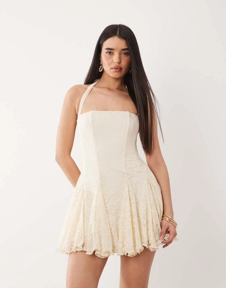 Shop Murci square halterneck gathered godet hem lace mini dress in cream on  Sale at BeyondStyle  Get Lowest price in three month Murci square  halterneck gathered godet hem lace mini dress