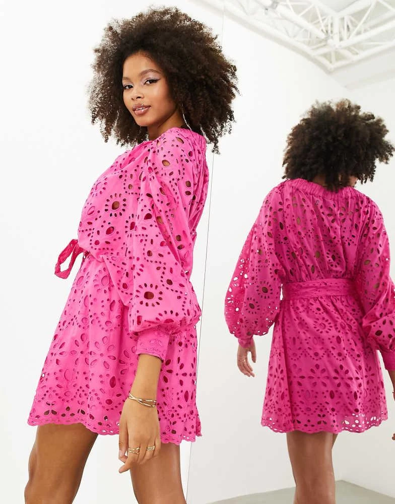 ASOS ASOS EDITION broderie wrap belted mini dress in bright pink 2