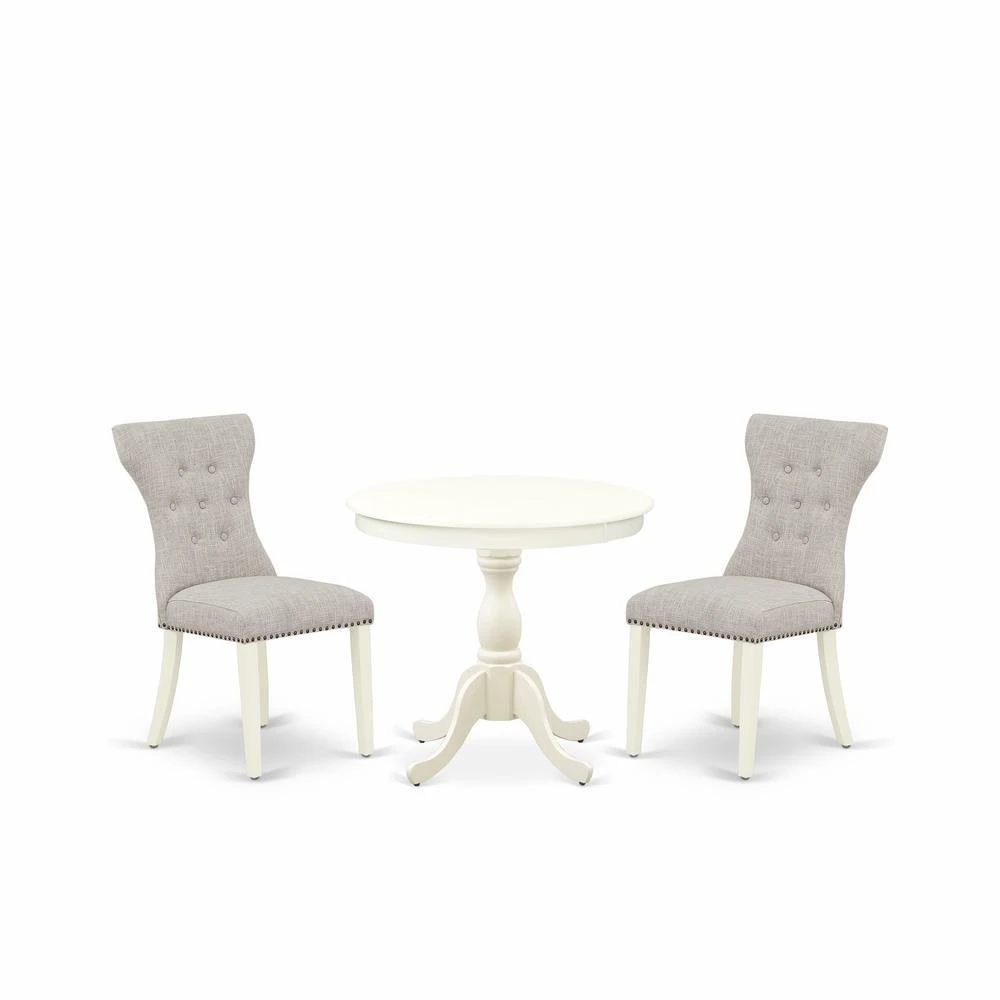 East West Furniture AMGA3-LWH-35 3 Pc Wood Dining Table Set - 1 Dining Table and 2 Doeskin Upholstered Chairs - Linen White Finish 2