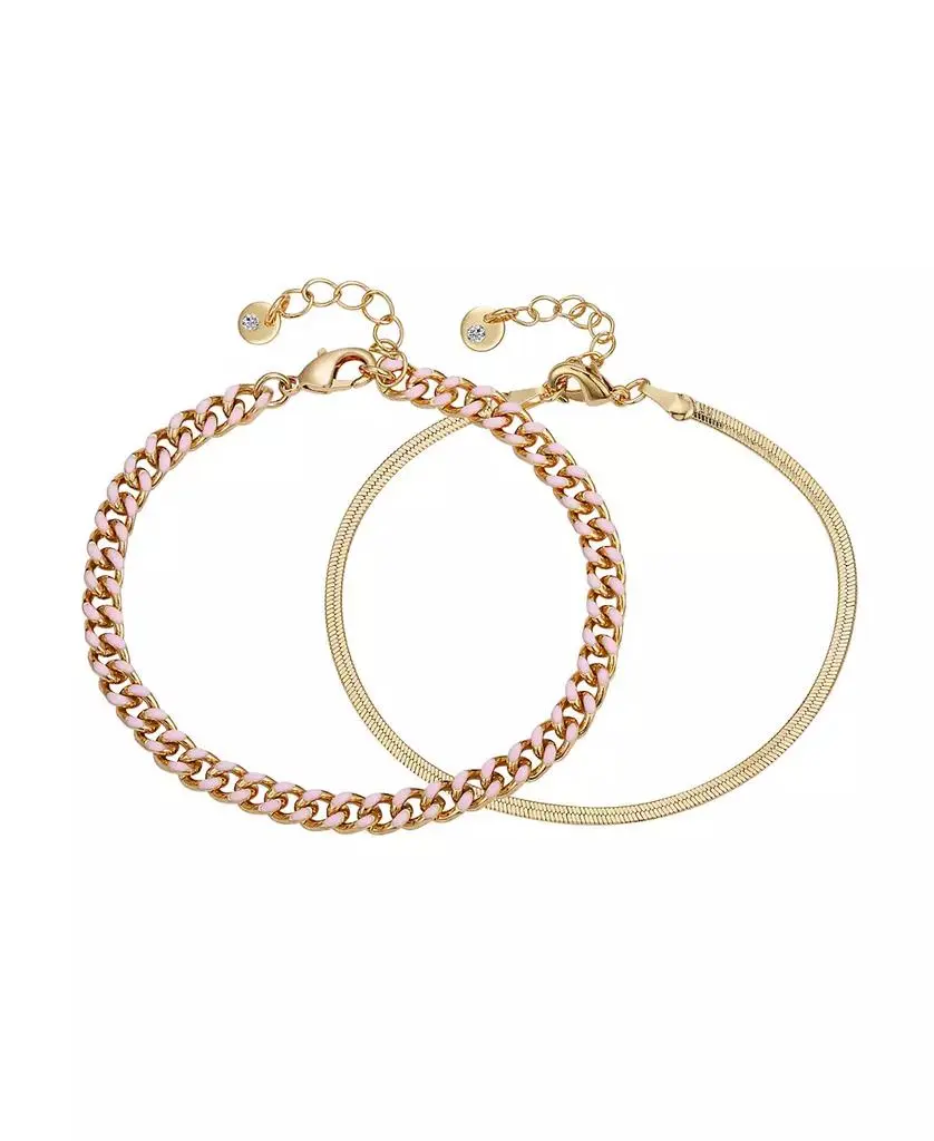 Unwritten 14K Gold Flash-Plated Light Pink Enamel Curb Chain and Herringbone Chain Bracelet Set