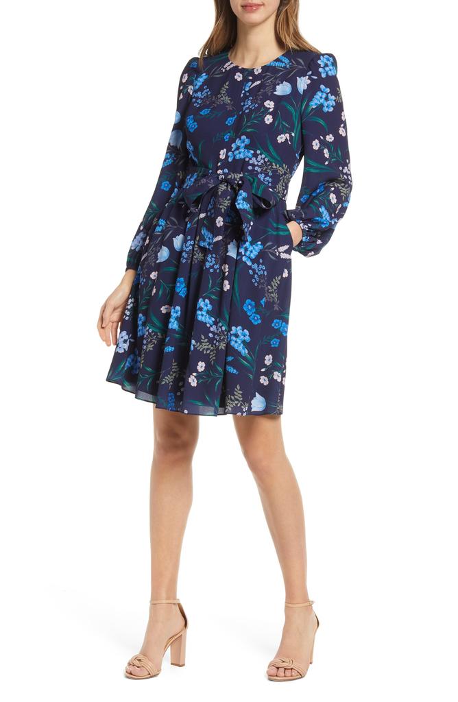 Eliza J Floral Print Long Sleeve A-Line Dress