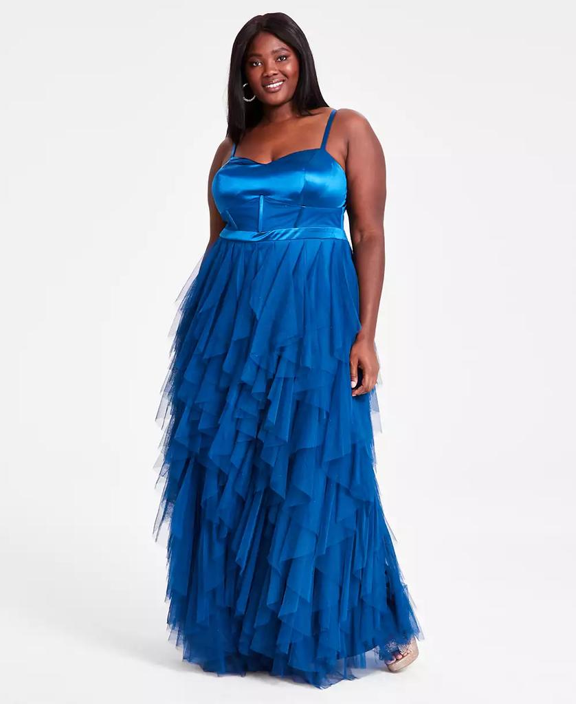 City Studios Trendy Plus Size Corset-Bodice Ruffled-Skirt Gown