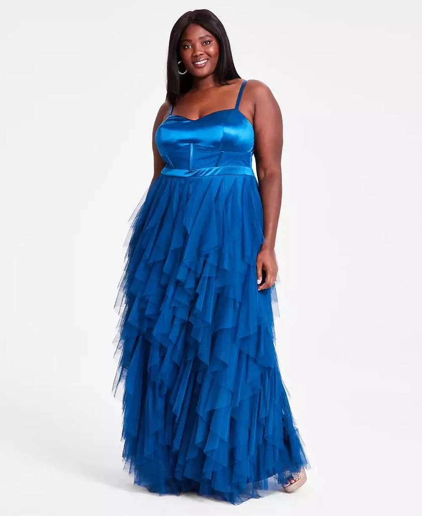 City Studios Trendy Plus Size Corset-Bodice Ruffled-Skirt Gown 1
