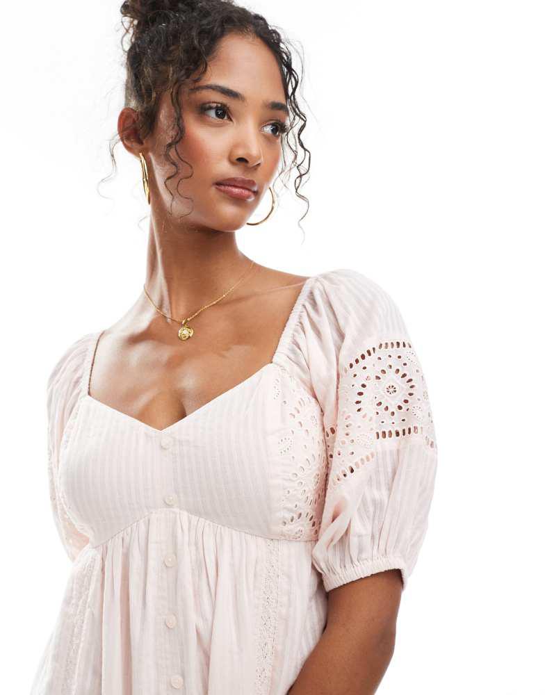 New Look New Look embroidered button through mini dress in pink