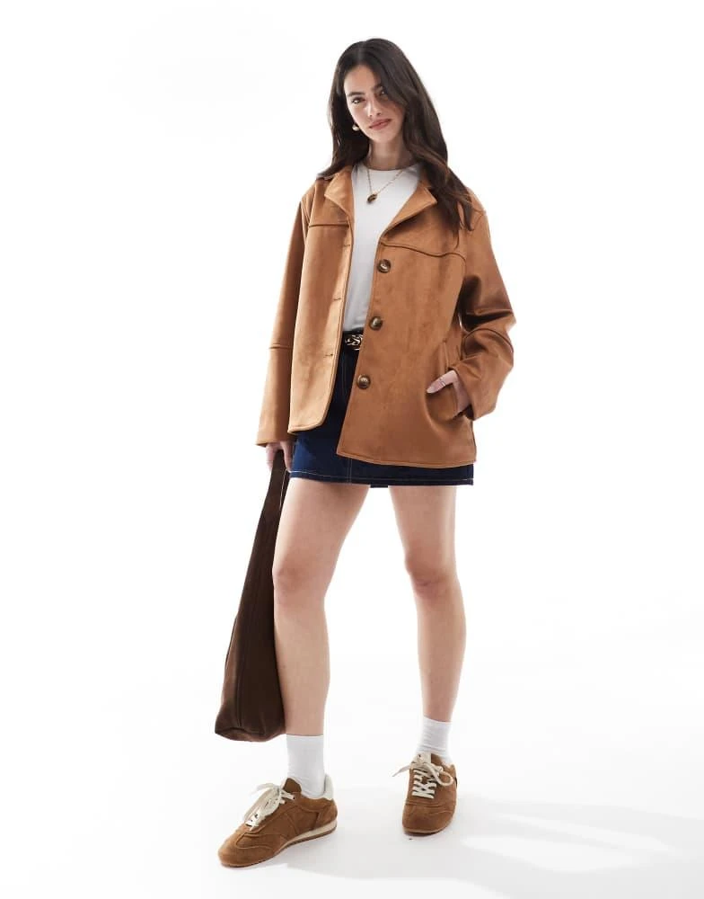 ASOS ASOS DESIGN faux suede button front jacket in tan 4