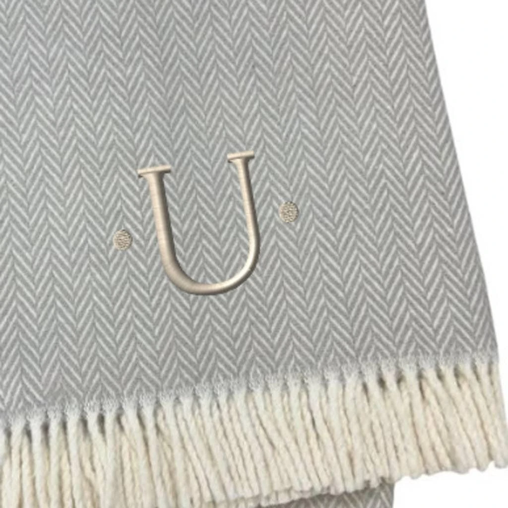 Hivvago 55" X 70" Gray And White Herringbone Cotton Blend U Initial Throw Blanket with Tassels And Embroidery 3