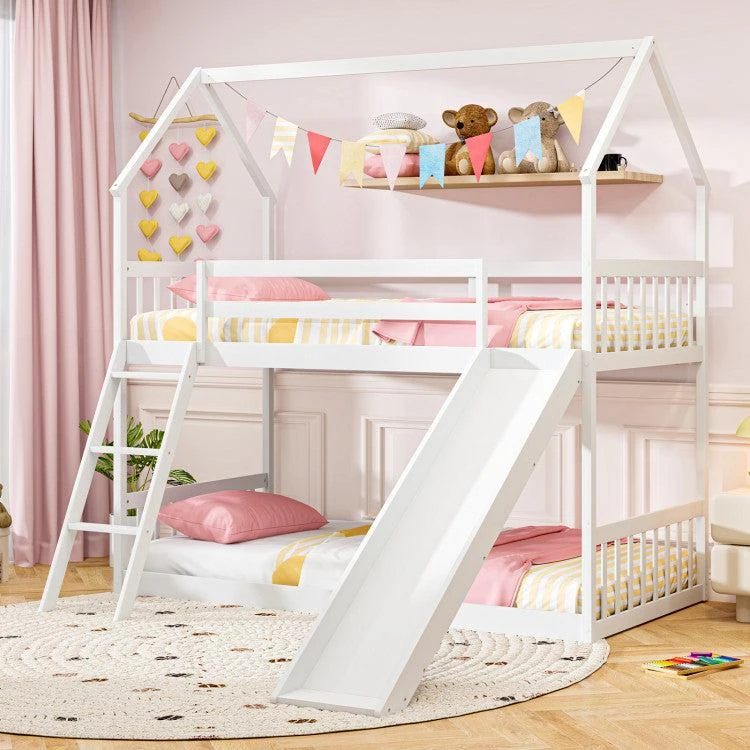 Hivvago Twin Over Twin House Bunk Bed with Slide and Ladder-White 2