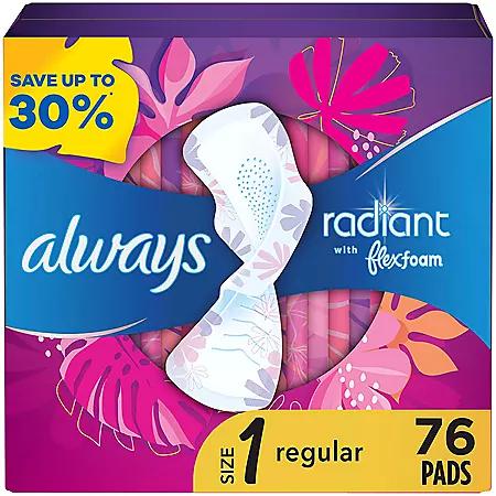 Always Always Radiant Regular Pads with Flexi-Wings, Scented - Size 1, 76 ct.