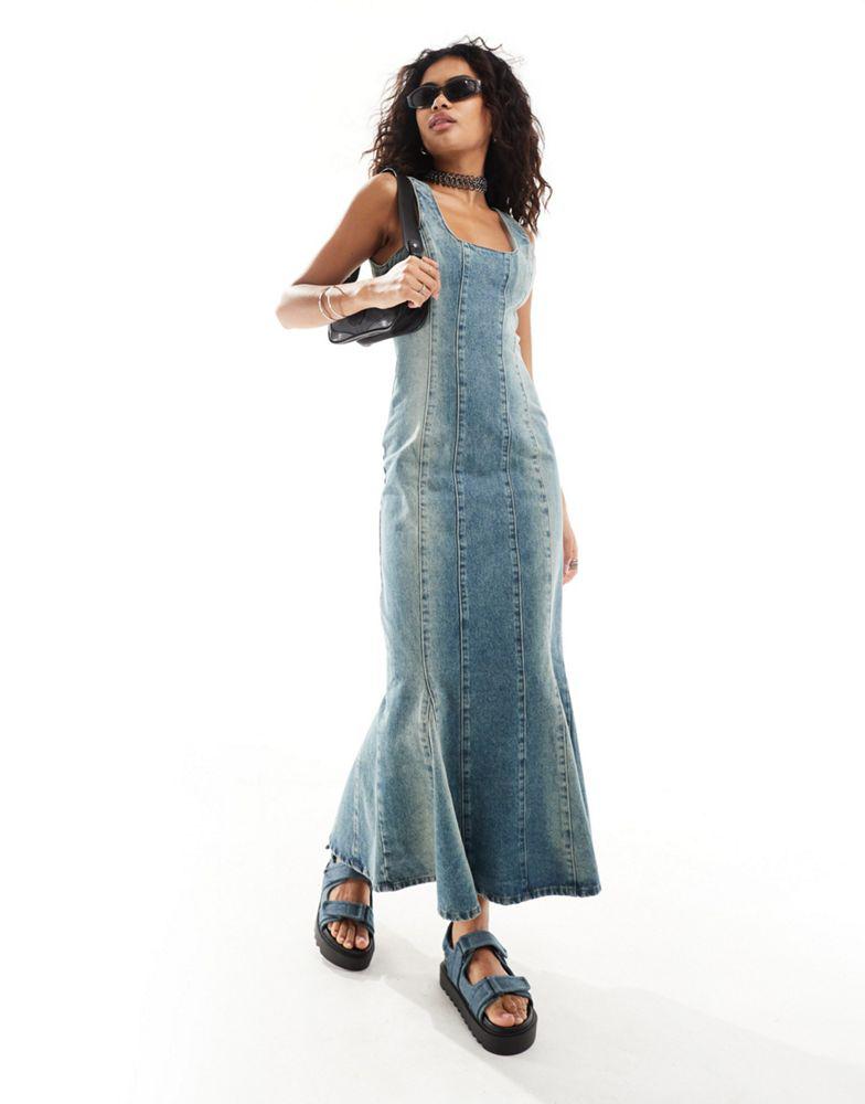 The Ragged Priest The Ragged Priest fitted 90s maxi denim dress in overdye blue