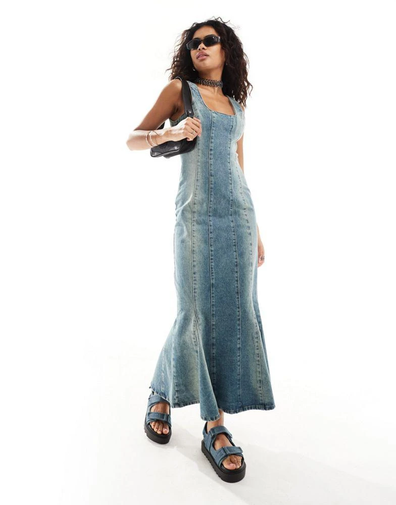 The Ragged Priest The Ragged Priest fitted 90s maxi denim dress in overdye blue 1