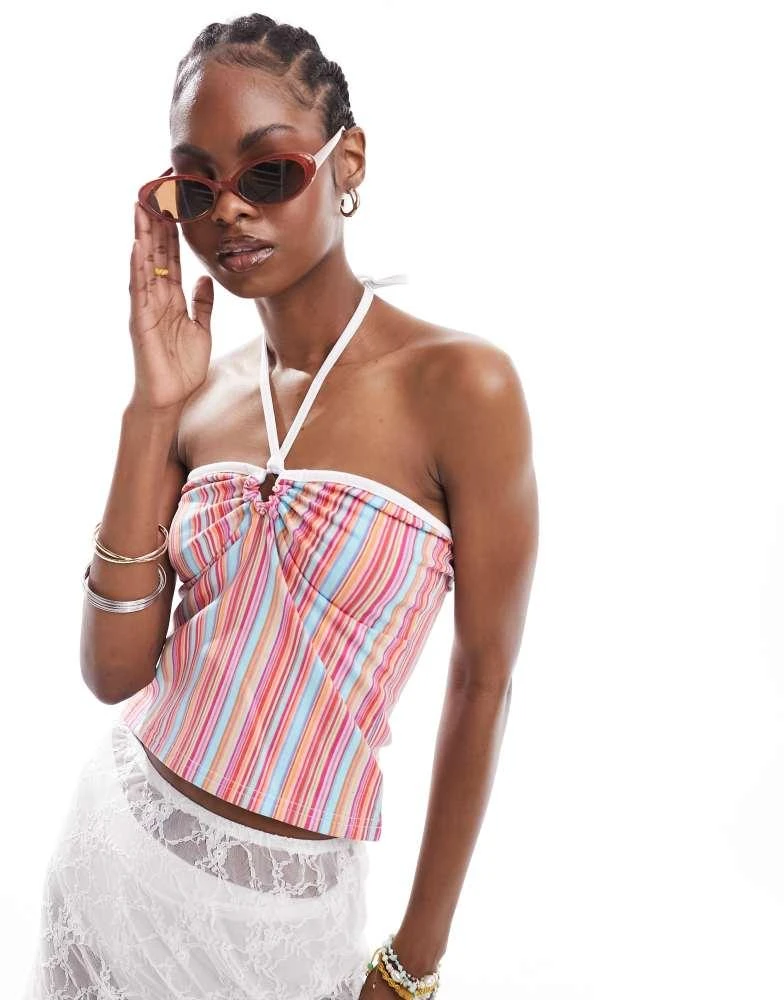 Daisy Street Daisy Street halter neck strappy Y2K crop top in bright stripe 1
