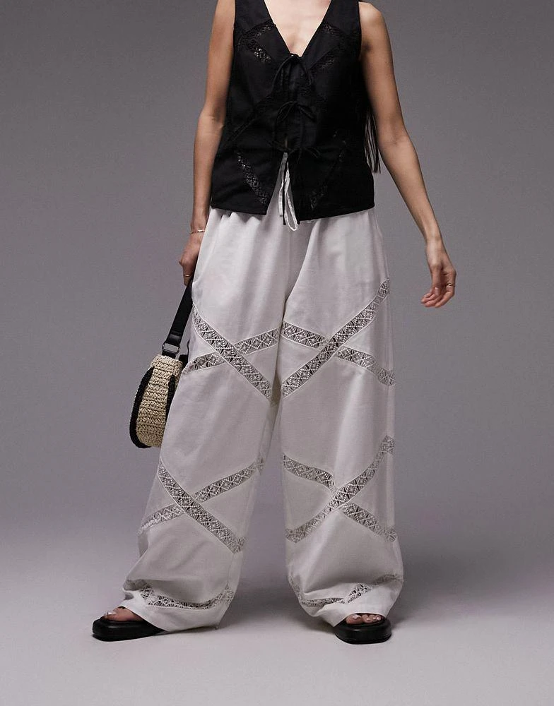 Topshop Topshop linen lace insert elasticated wide leg trouser in white 1