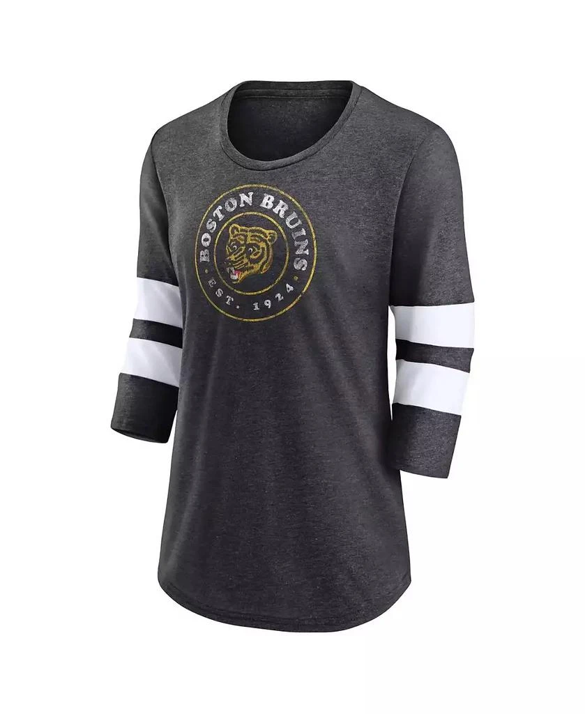 Fanatics Women's Heather Charcoal Boston Bruins One Timer Tri-Blend Scoop Neck 3/4-Sleeve T-Shirt 3