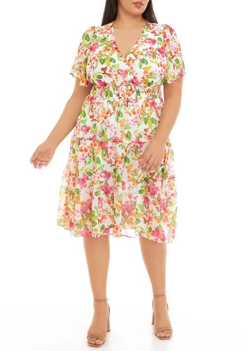 Danny & Nicole Nicole Plus Size Short Sleeve V Neck Smocked Waist Floral Printed Dress 1