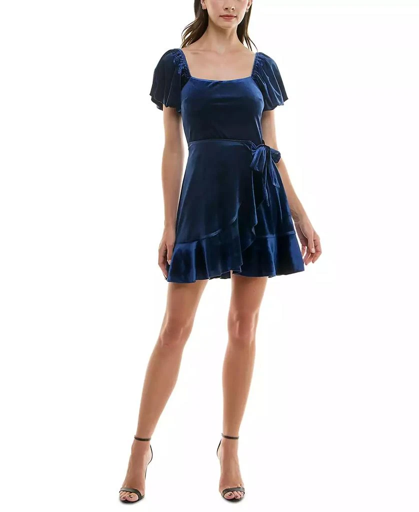 Trixxi Juniors' Puff-Sleeve Faux-Wrap Velvet Dress 1