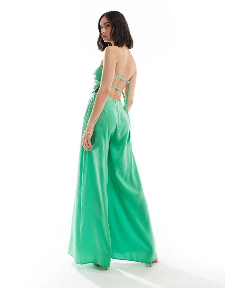 ASOS ASOS DESIGN bandeau scarf detail satin jumpsuit with  buckle detail in bright green 1