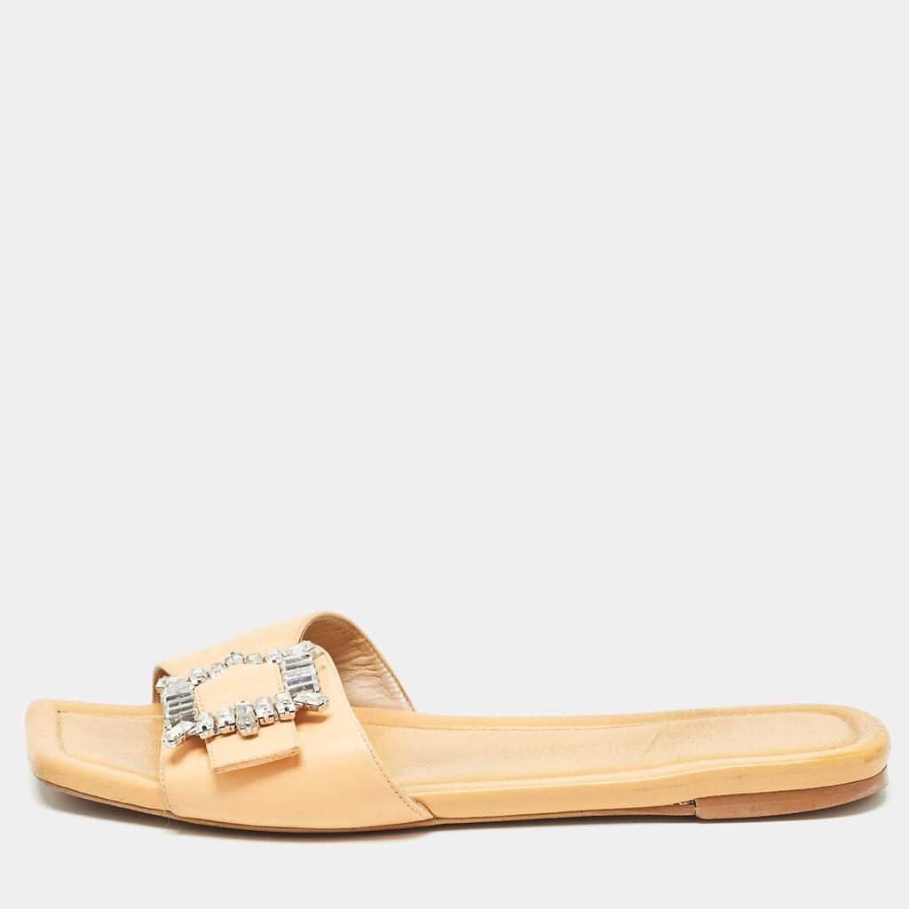【未使用】STUART WEITZMAN キラキラのビジュー付きフラットサンダル Stuart Weitzman Stuart Weitzman Light Orange Leather Crystal