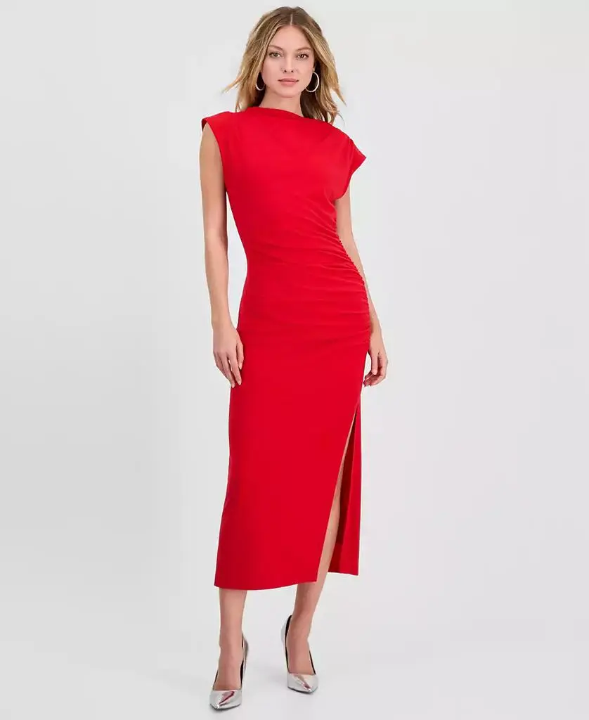 Robbie Bee Women's Ruched Side-Slit Midi Dress - Red - Size M