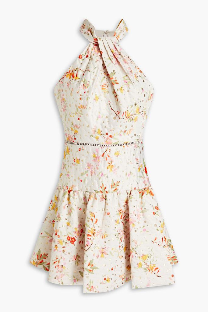 Monique Lhuillier Floral-print metallic fil coupé satin-twill mini dress