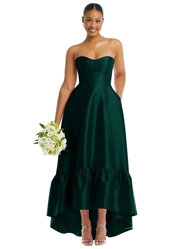 Alfred Sung Strapless Deep Ruffle Hem Satin High Low Dress with Pockets 3