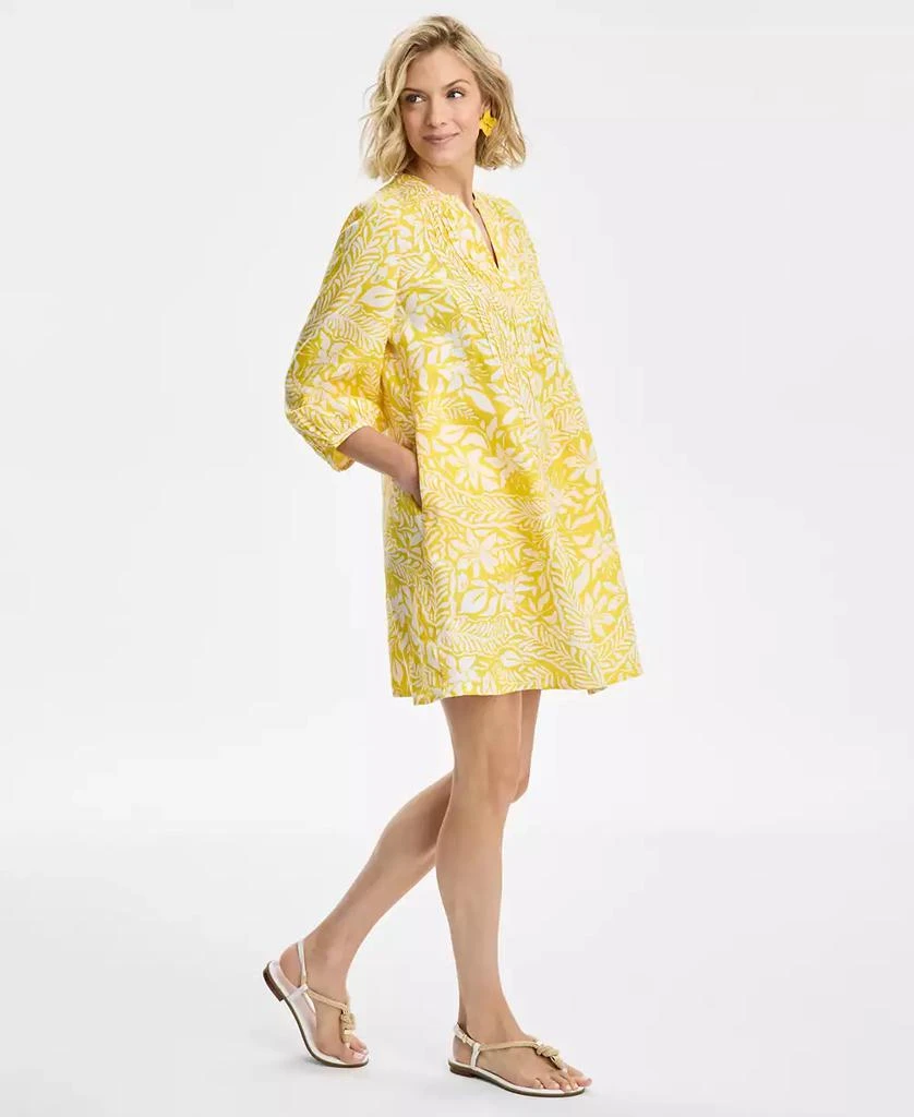 Charter Club Women's Floral-Print Bhavana 3/4-Sleeve 100% Linen Pintuck Dress, Exclusively at Macy's 3