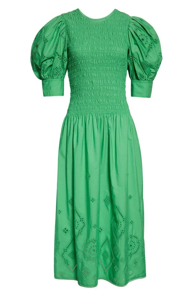 Ganni Eyelet Detail Puff Sleeve Organic Cotton Midi Dress 5