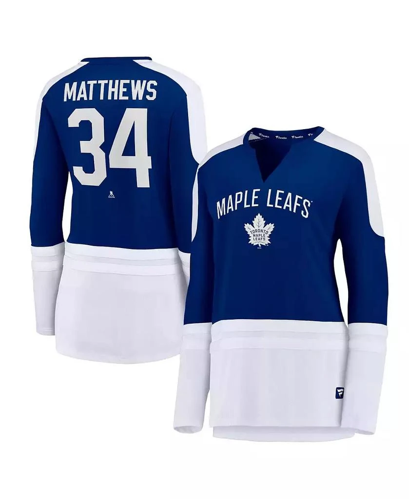 Fanatics Women's Auston Matthews Blue and White Toronto Maple Leafs Power Player Long Sleeve Notch Neck T-shirt 1