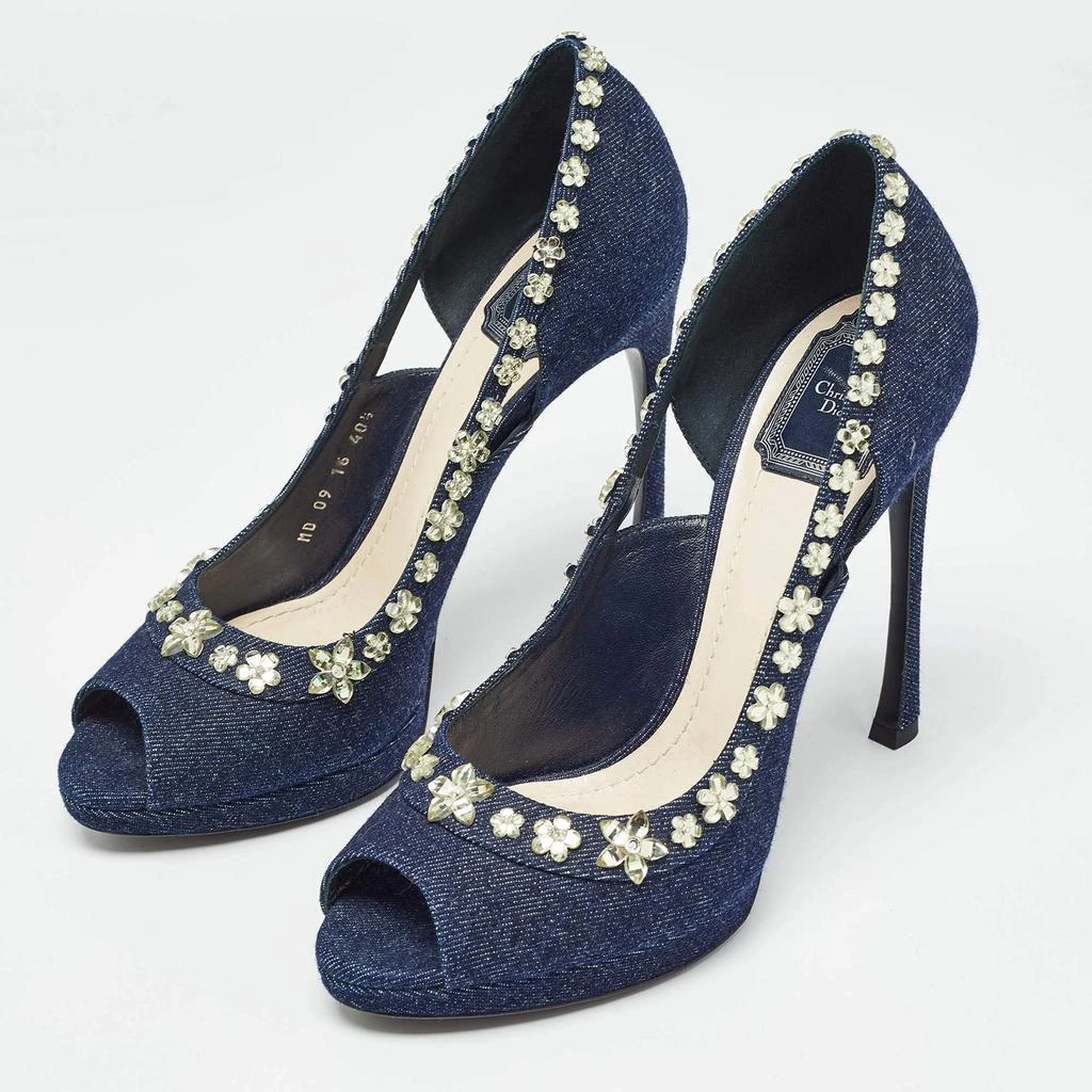 Dior Dior Navy Blue Denim Crystal Embellished Peep Toe Pumps Size 40.5 2