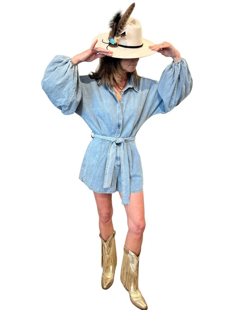 MABLE Balloon Sleeve Button Romper In Denim 3