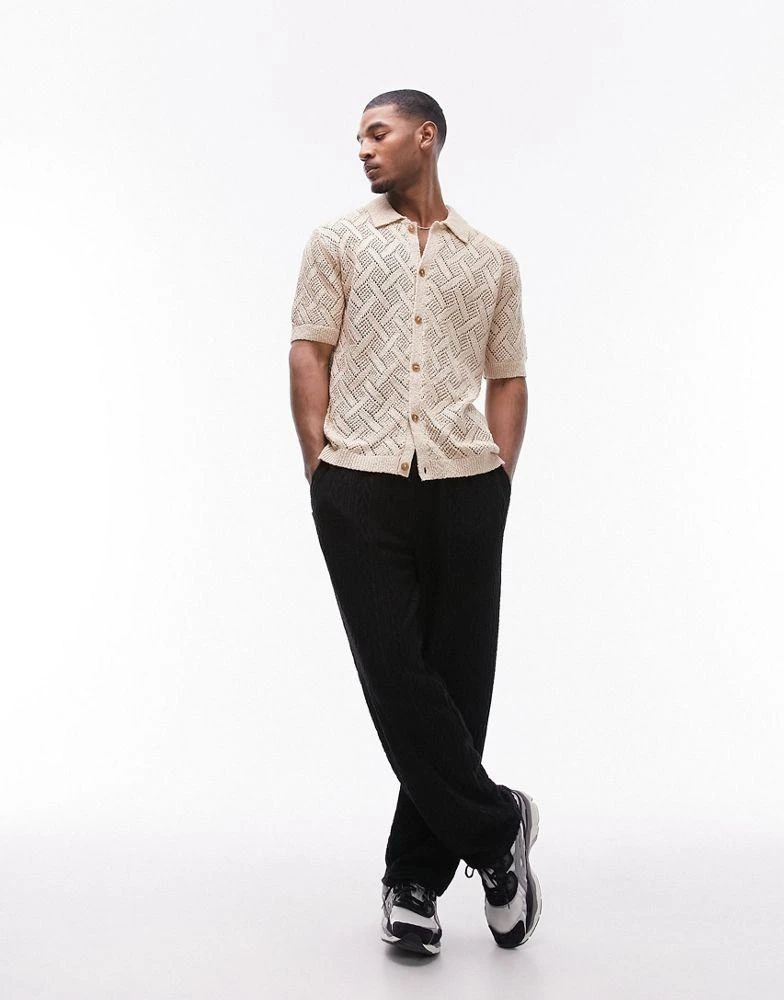 Topman Topman crochet button through shirt in stone 2