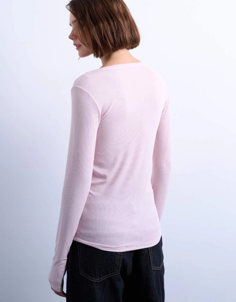 Topshop Topshop premium rib long sleeve wide scoop neck top in light pink 4
