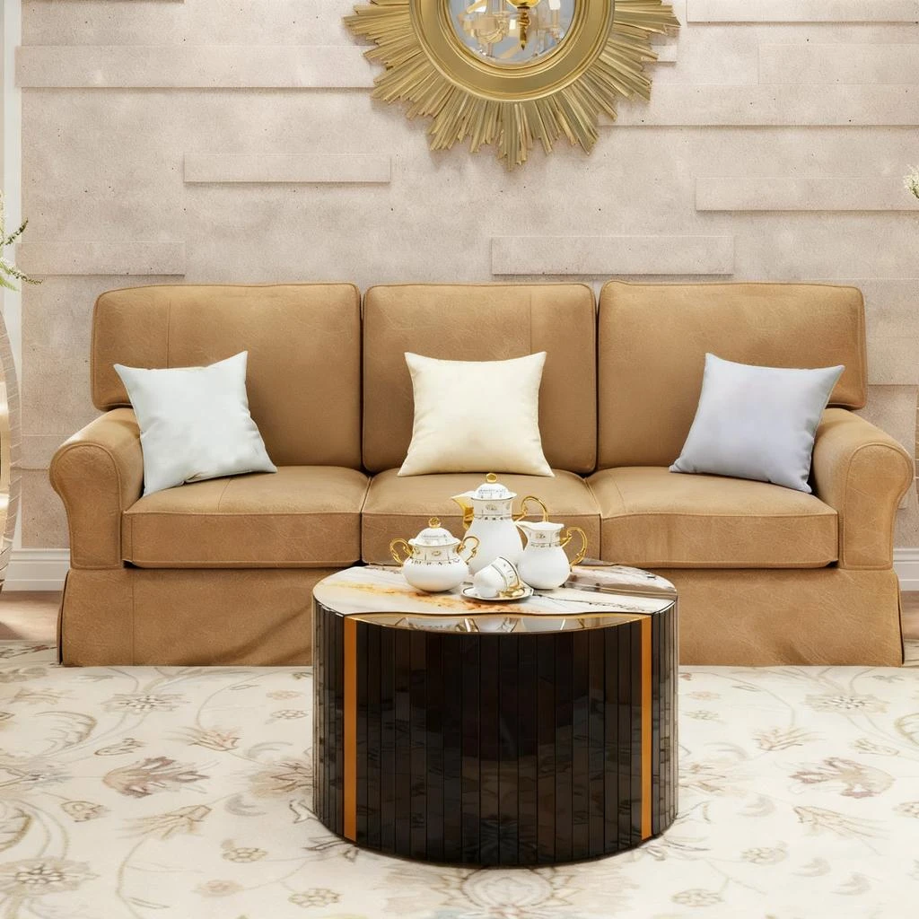 Streamdale Furniture Streamdale Black gold round mirror coffee table with marble pattern sticker side table. 5