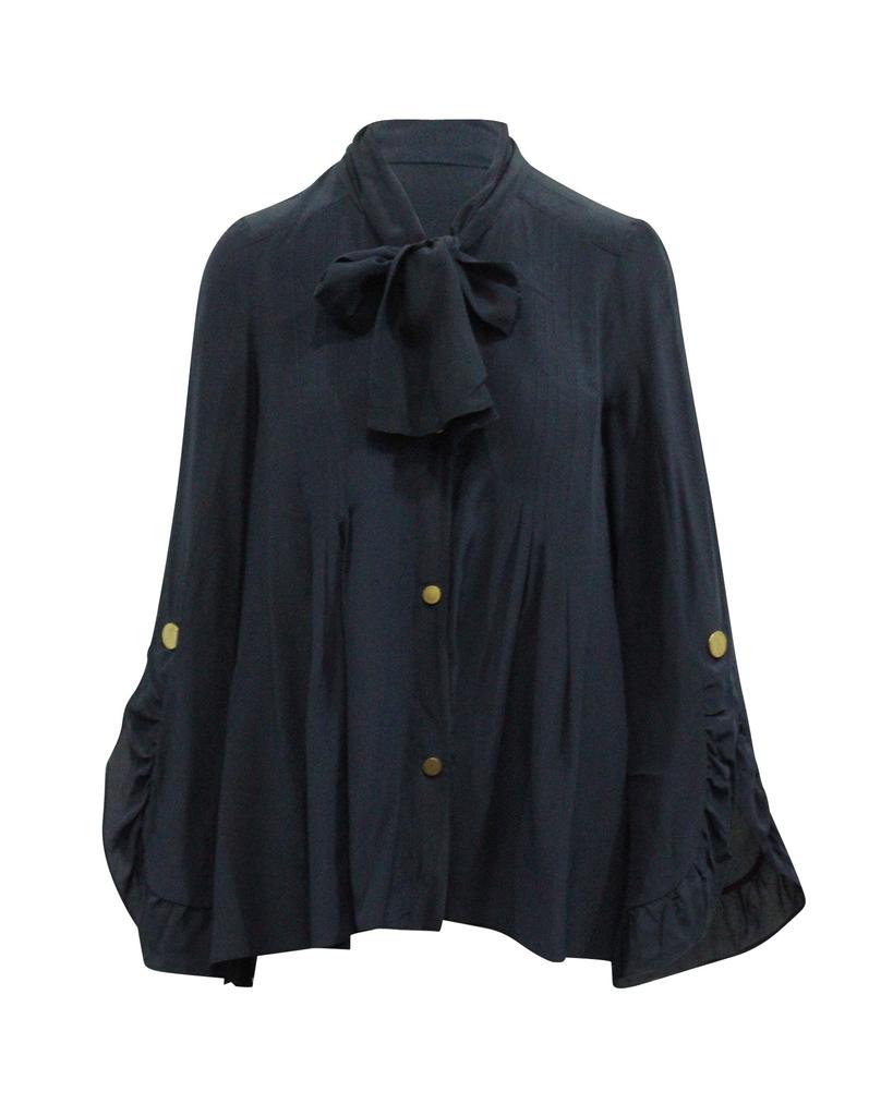 PETER PILOTTO Long Sleeve Blouse with Pussy Bow in Navy Blue Silk