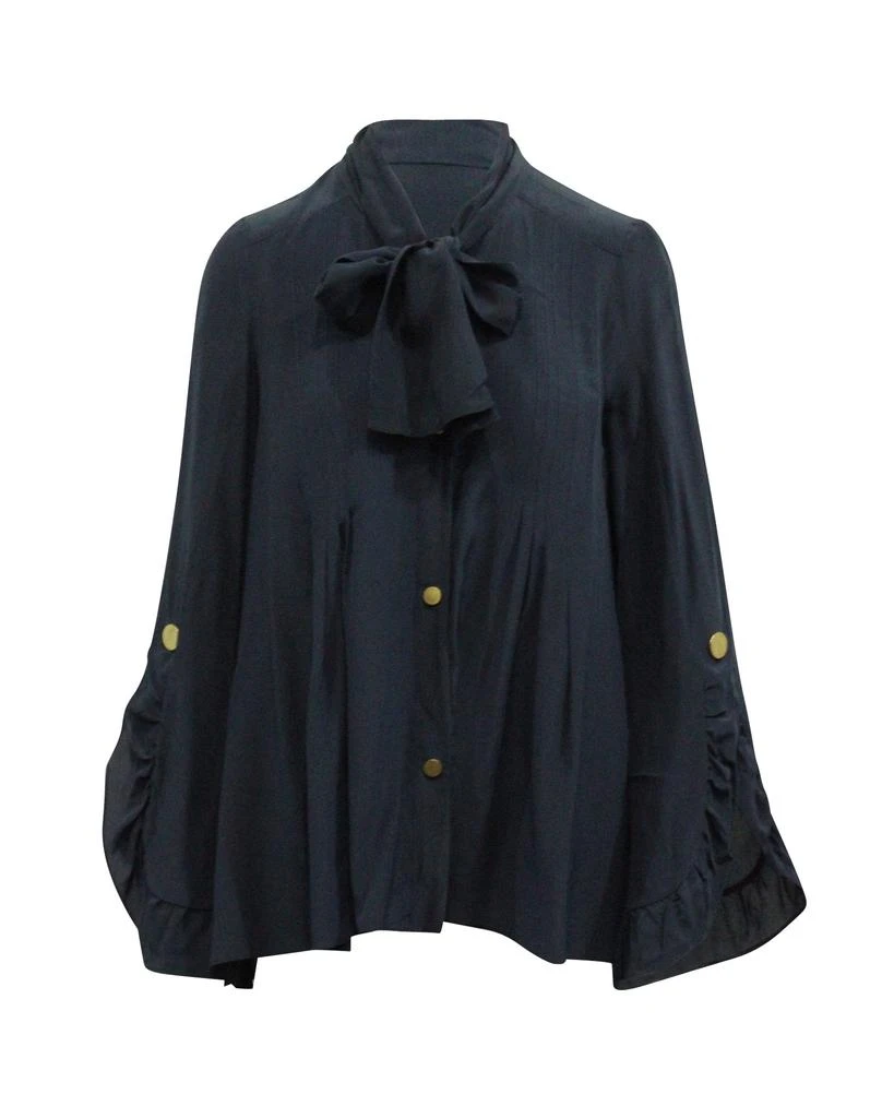 PETER PILOTTO Long Sleeve Blouse with Pussy Bow in Navy Blue Silk 1